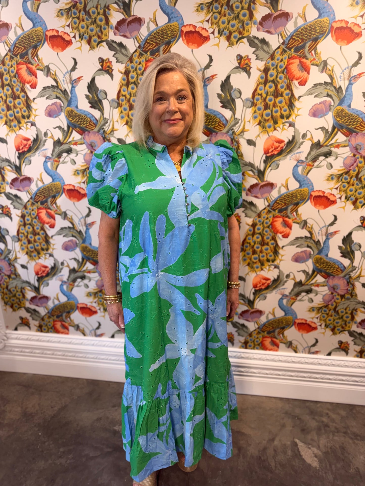 Green and blue floral dress