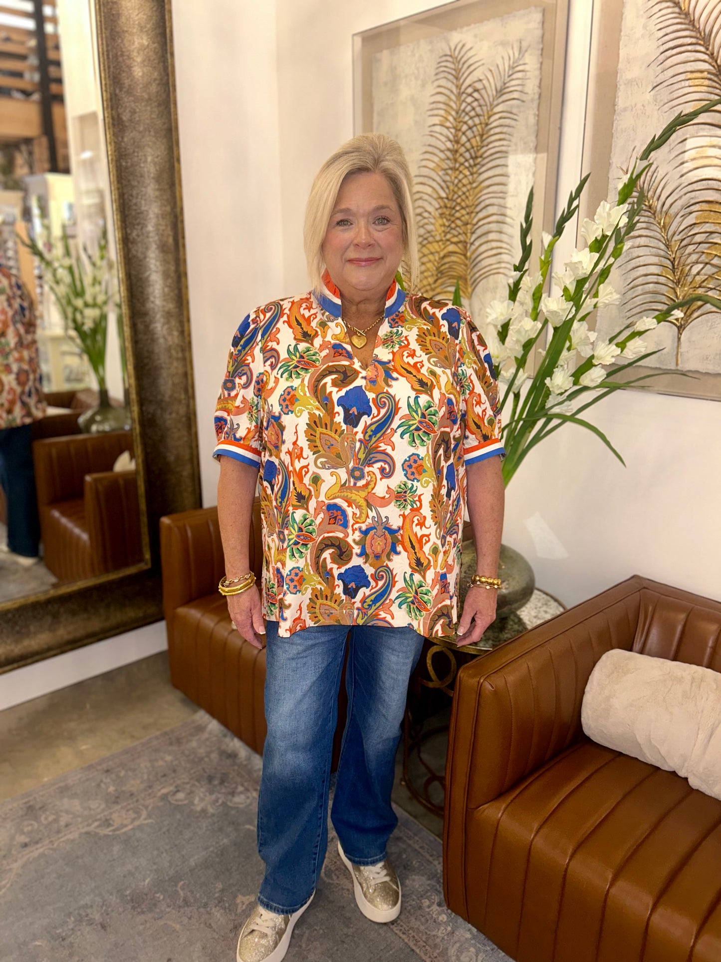 Blue & orange floral top