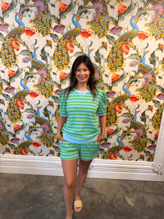 Striped green and blue shorts top set