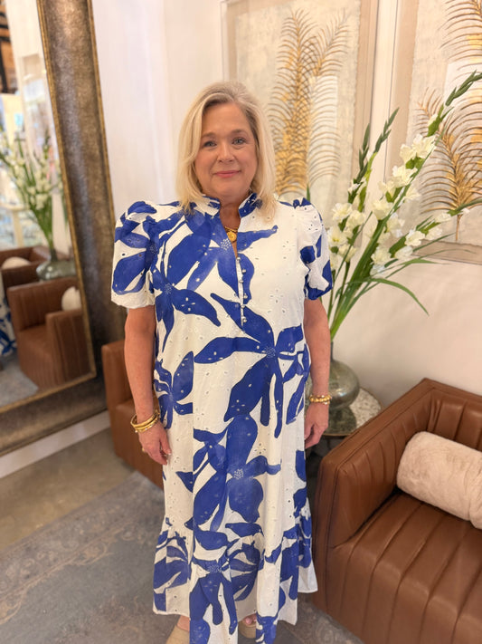 Long floral royal blue/white dress