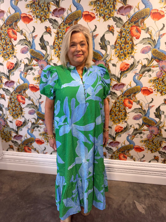 Green and blue floral dress