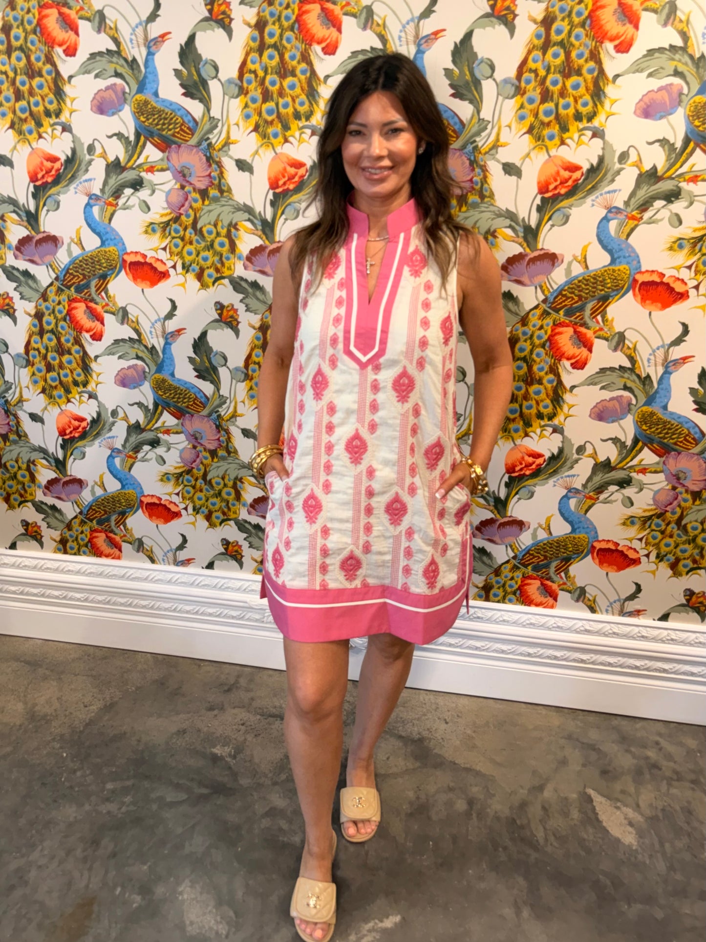 Embroidered pink white dress