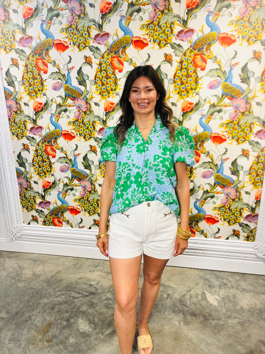 Blue green floral top
