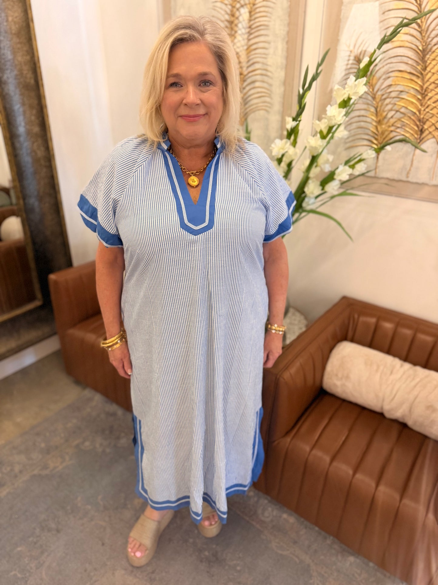 Long blue gingham dress