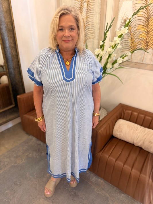 Long blue gingham dress