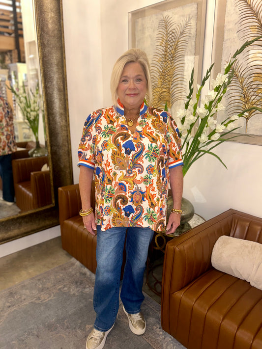 Blue & orange floral top